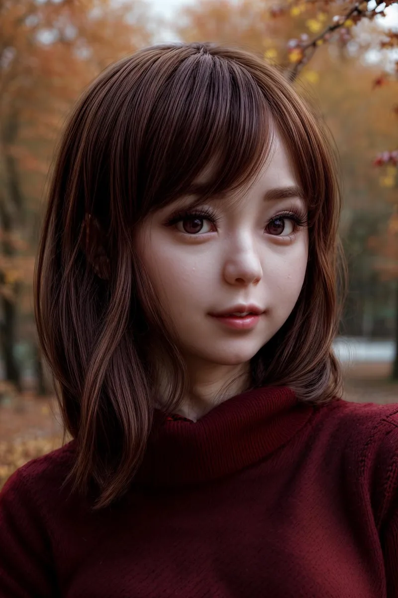 A realistic anime girl with brown hair and big eyes stands in a forest during autumn, created using Stable Diffusion AI.