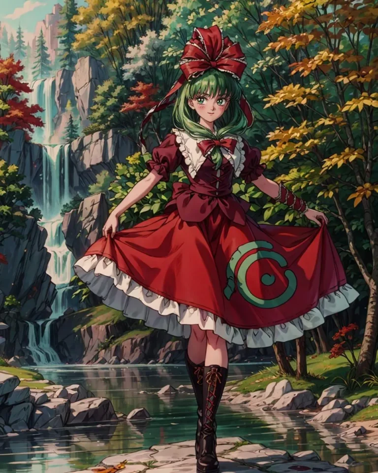 Anime girl with green hair in a red dress and large bow, standing near a forest waterfall. AI-generated image using Stable Diffusion.