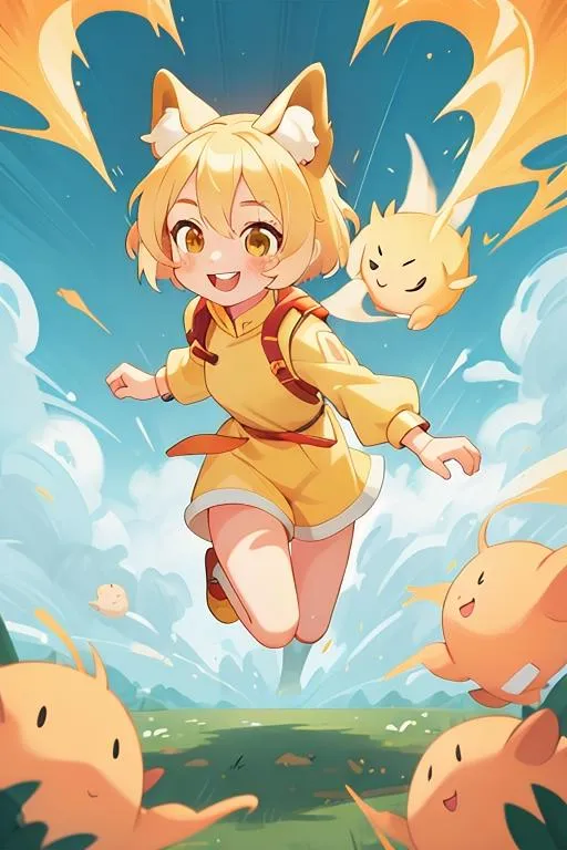 Anime girl with fox ears wearing a yellow outfit surrounded by cute floating characters, created using AI Stable Diffusion.