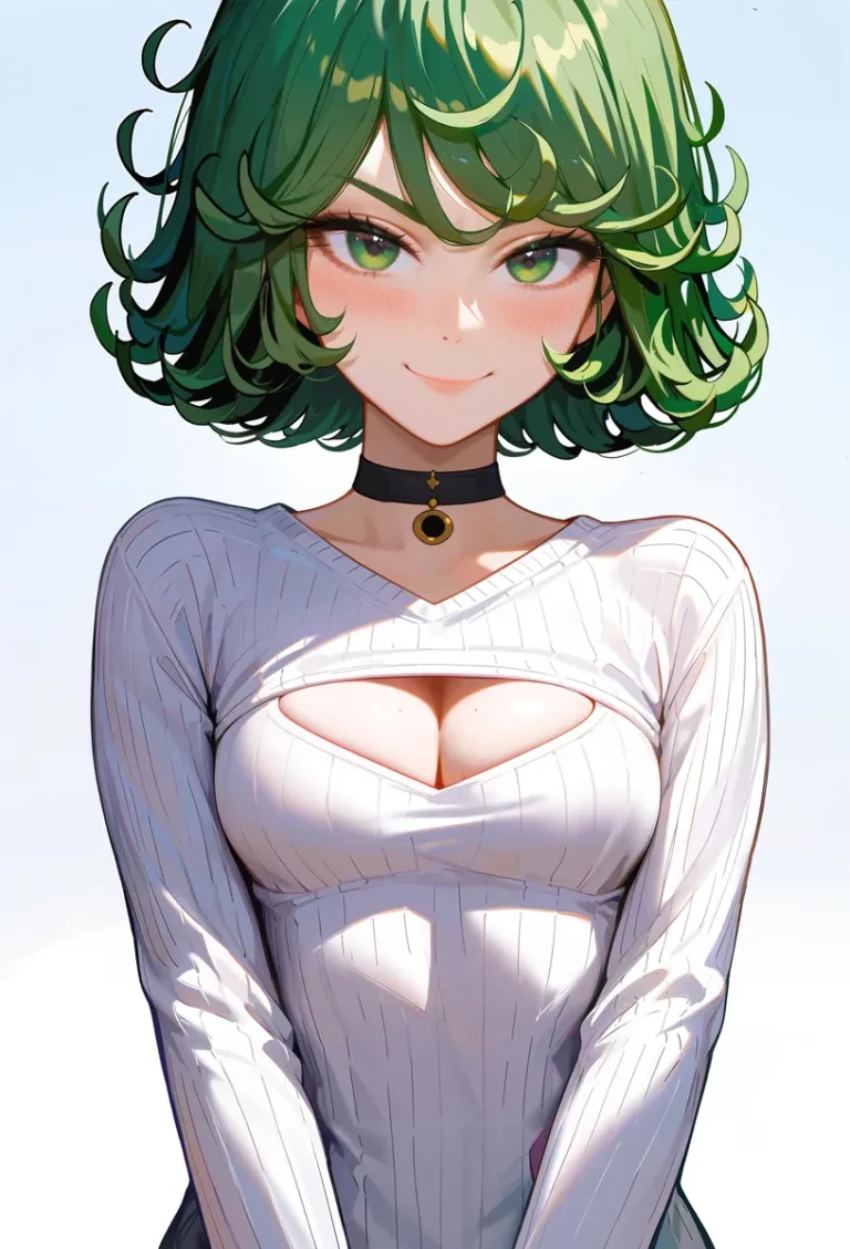 Anime art of a green-haired girl with green eyes, wearing a white top with a cutout and a black choker, created using Stable Diffusion.
