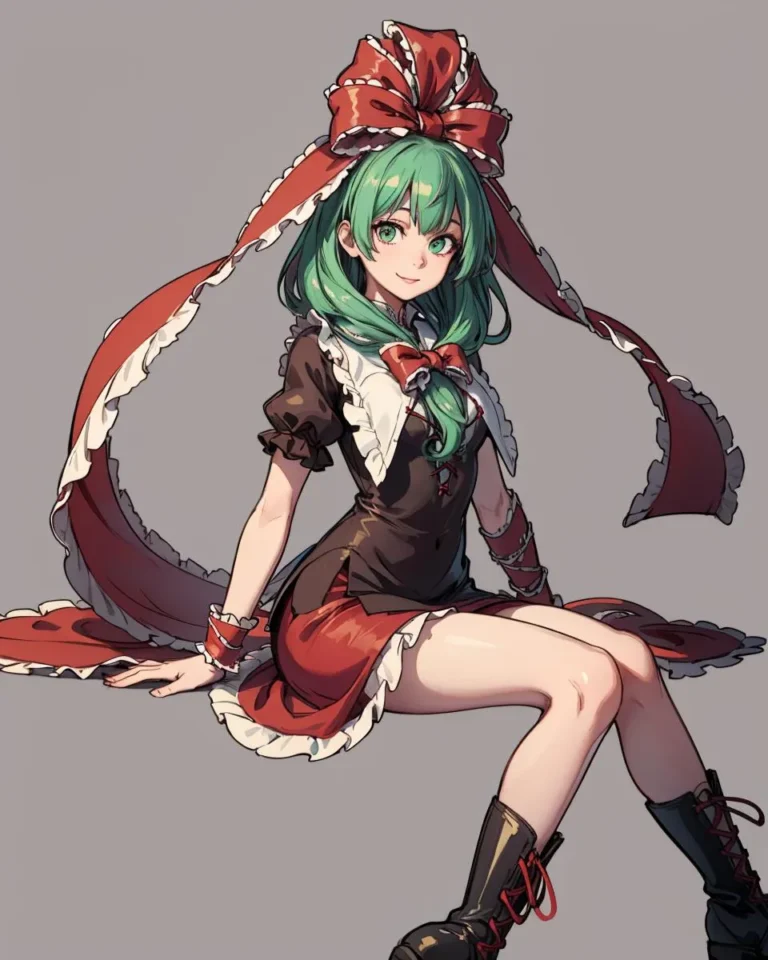 Anime girl with green hair, large red ribbon, and a black maid outfit. AI generated image using Stable Diffusion.