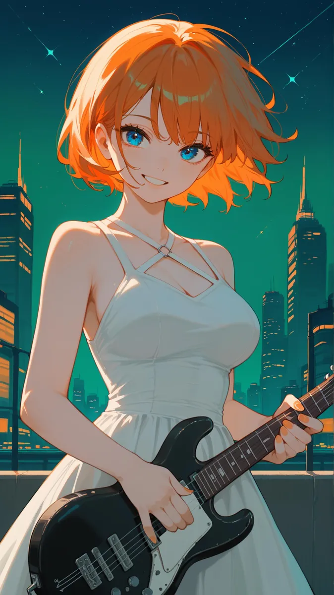 Anime girl with orange hair holding an electric guitar, standing in front of a city skyline at night. This is an AI generated image using stable diffusion.