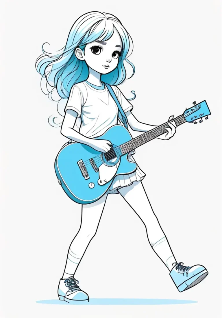 Anime style illustration of a girl with long blue hair, playing a blue electric guitar. AI generated image using Stable Diffusion.