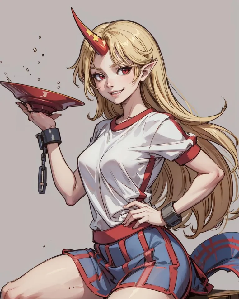 AI generated image using stable diffusion depicting an anime girl with blonde hair, red horn, and red eyes, holding a bowl with liquid spilling, dressed in a sporty outfit with blue shorts and white-striped red shirt, with cuffs around her wrists and a blue-striped tail.