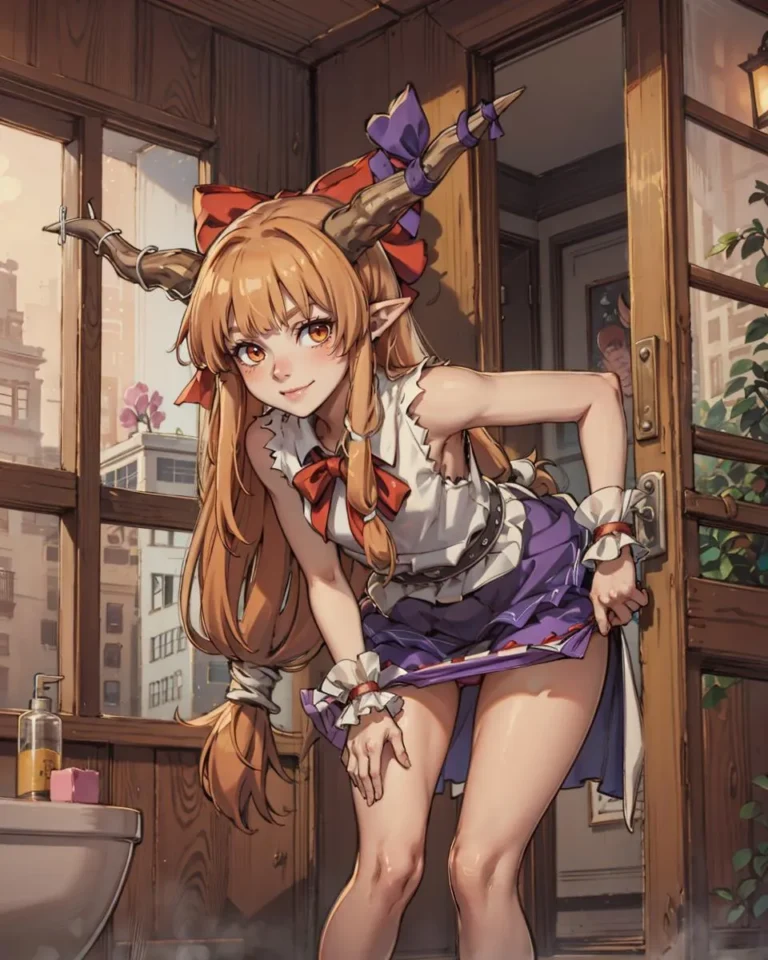 Anime girl with horns and long hair leaning in a doorway, wearing a white sleeveless top and a purple skirt, created using Stable Diffusion AI.