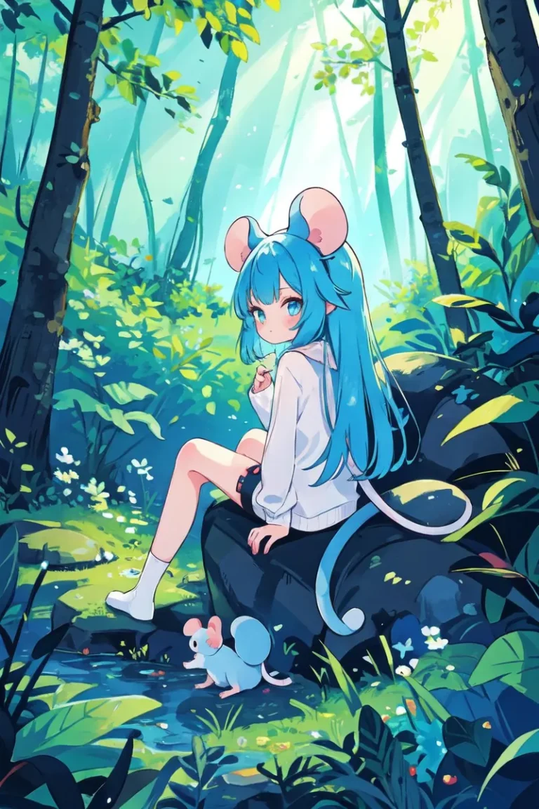 Anime girl with blue hair, mouse ears, and tail sitting on a rock with a small mouse at her feet, surrounded by lush green forest. AI generated image using stable diffusion.