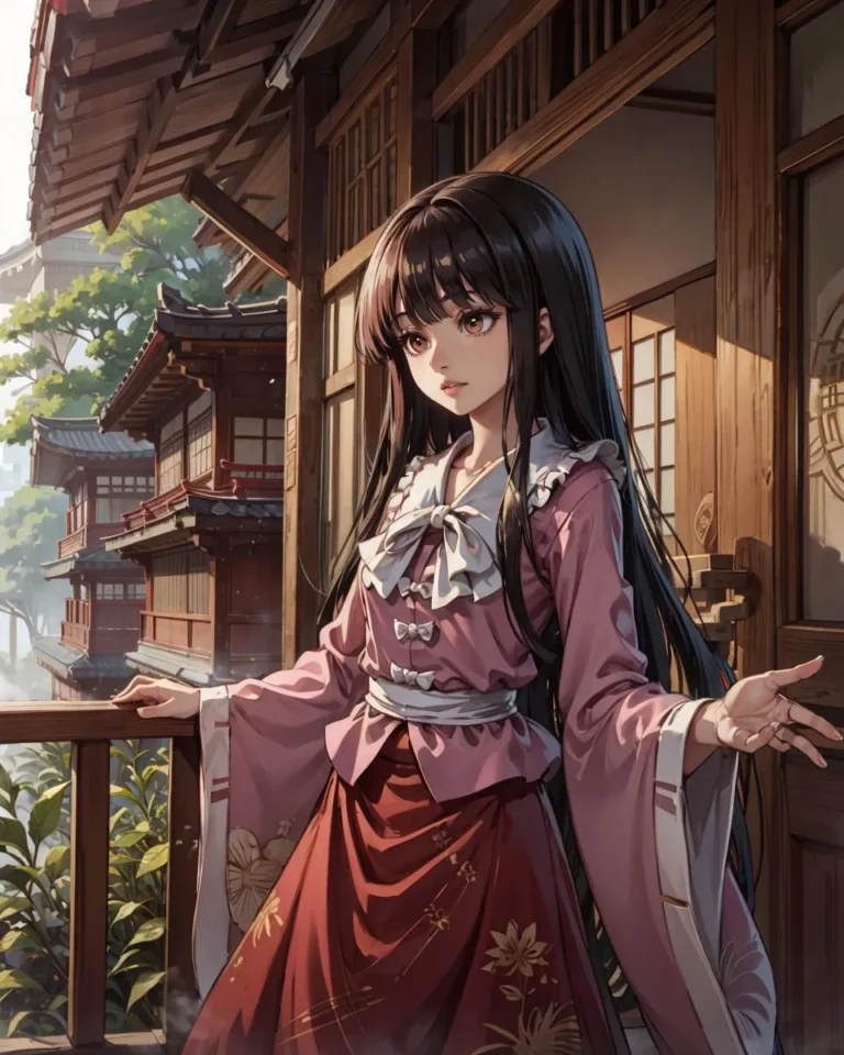Anime girl with long black hair wearing traditional Japanese clothing, standing on a wooden veranda. AI generated image using Stable Diffusion.