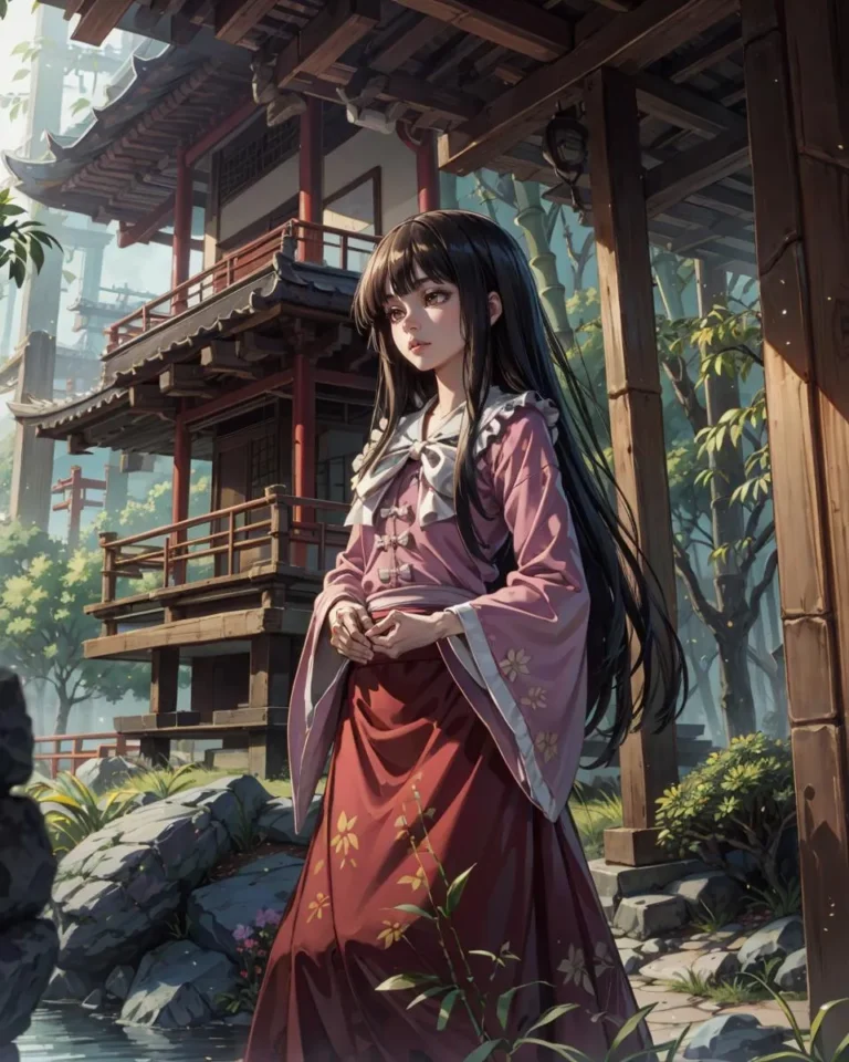 Anime girl with long dark hair and wearing a traditional pink and red kimono standing in front of traditional Japanese architecture and a serene garden. AI generated image using Stable Diffusion.