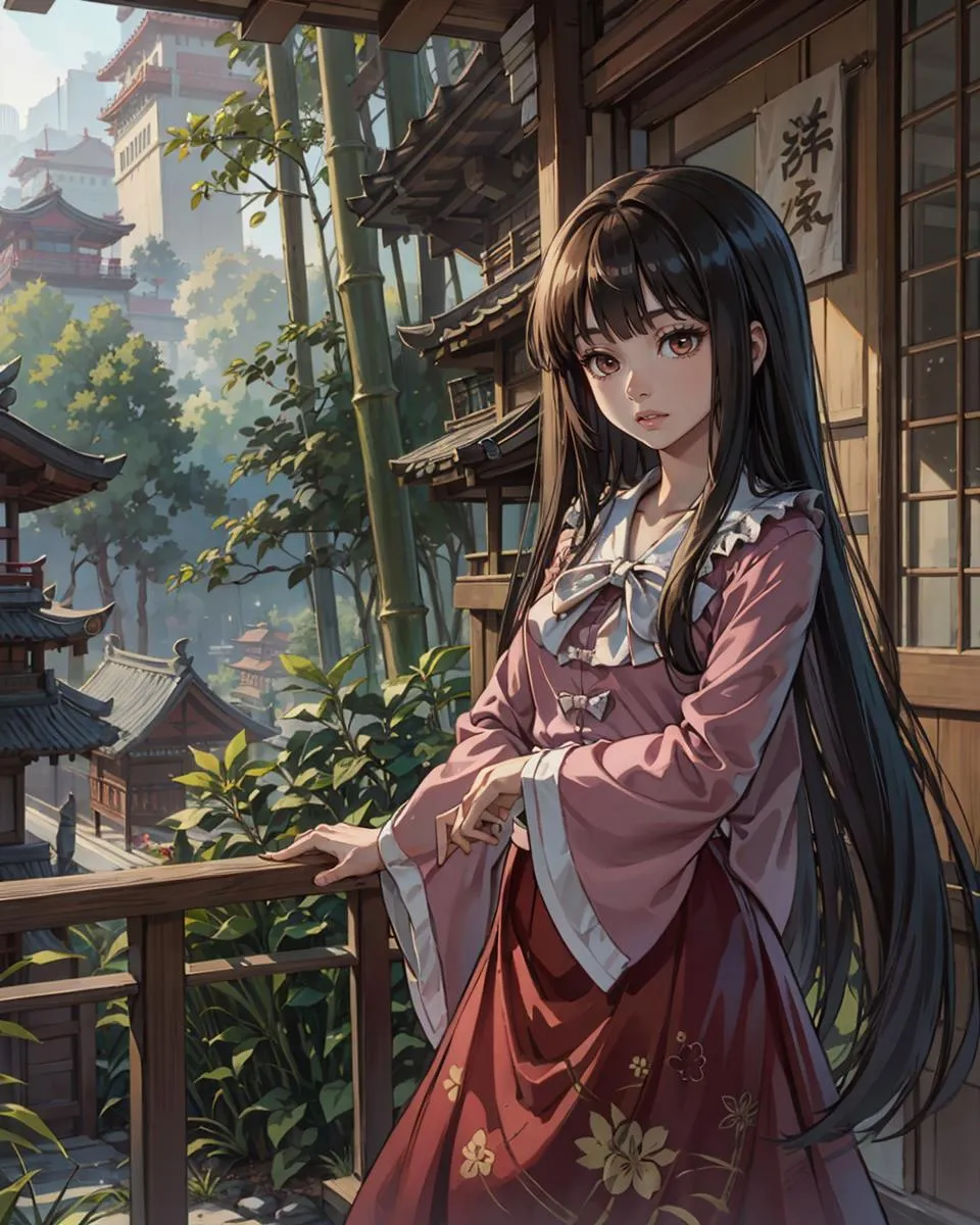 Anime girl with long black hair wearing a traditional Japanese outfit standing on a wooden balcony surrounded by a peaceful garden scene. Emphasize that this is an AI generated image using stable diffusion.