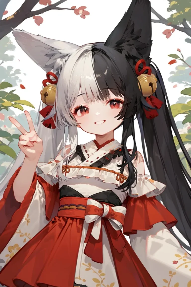 Anime girl with two-tone hair in a traditional red and white kimono with fox ears, generated using Stable Diffusion.
