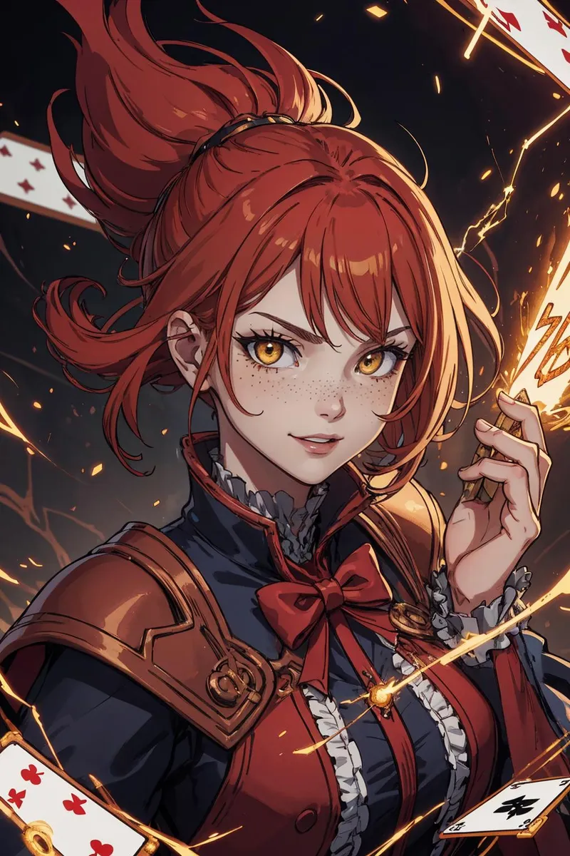 Anime girl with red hair holding glowing magic cards. AI generated image using stable diffusion.