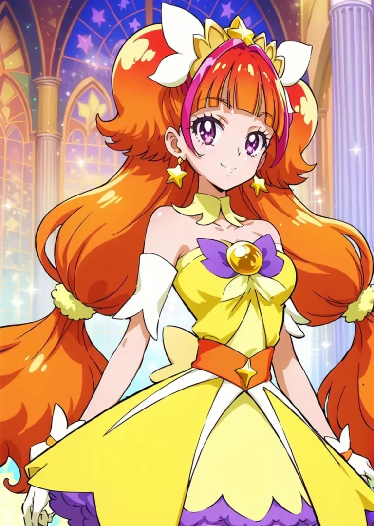 Anime character with bright orange hair in a yellow magical costume, generated by AI using Stable Diffusion.