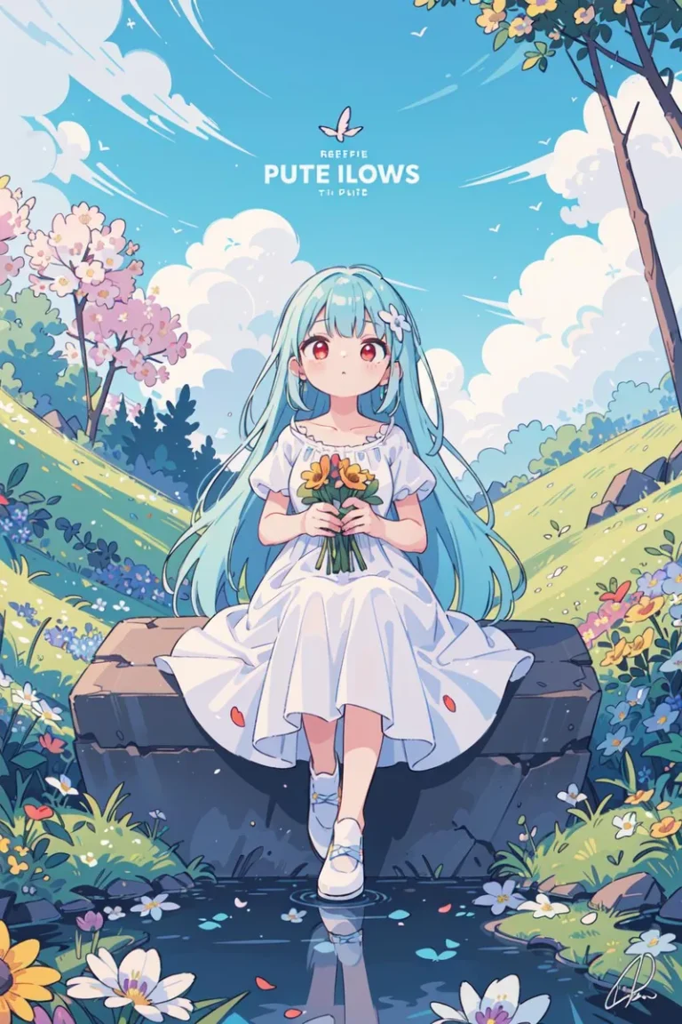 An AI generated image using stable diffusion of an anime girl with blue hair sitting on a stone bench in a meadow, holding a bouquet of flowers, with a bright blue sky and fluffy clouds in the background.