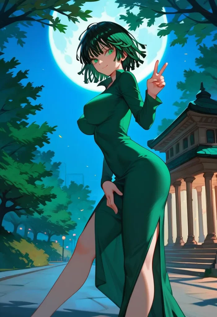 Anime-style girl with green hair and dress posing under the bright moonlight, created using stable diffusion ai.