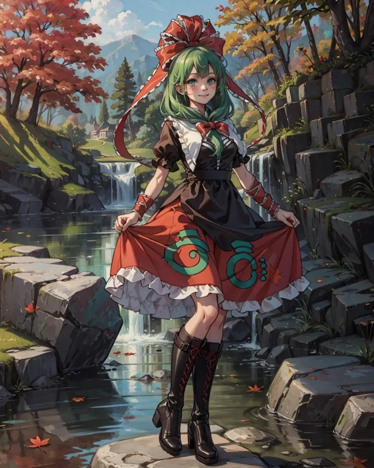 Anime-styled girl with green hair and a red and black dress standing by a stream in a forest, created using stable diffusion.