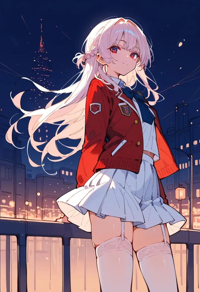 An anime-style girl with long white hair, wearing a red school uniform jacket and white skirt, standing in a city at night. The image is generated by AI using Stable Diffusion.
