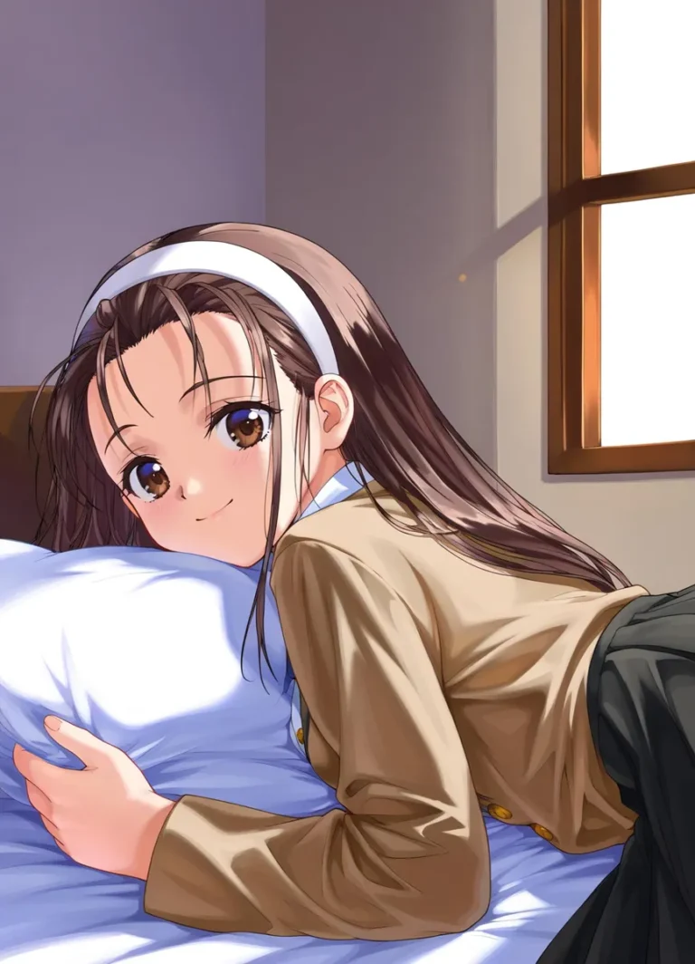 Anime girl with brown eyes and long dark hair wearing a headband and school uniform, lying on a bed in a bedroom, generated using stable diffusion.