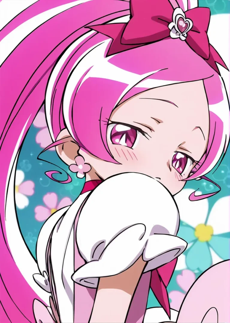 Anime girl with pink hair, wearing a pink bow and flower earrings, with a floral background. This is an AI generated image using stable diffusion.