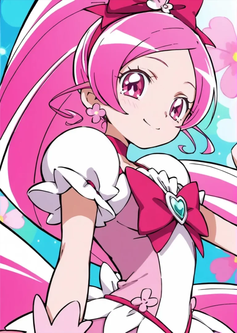 An AI generated image using stable diffusion featuring an anime girl with vibrant pink hair, dressed in a white and pink outfit with a large bow and floral accessories.