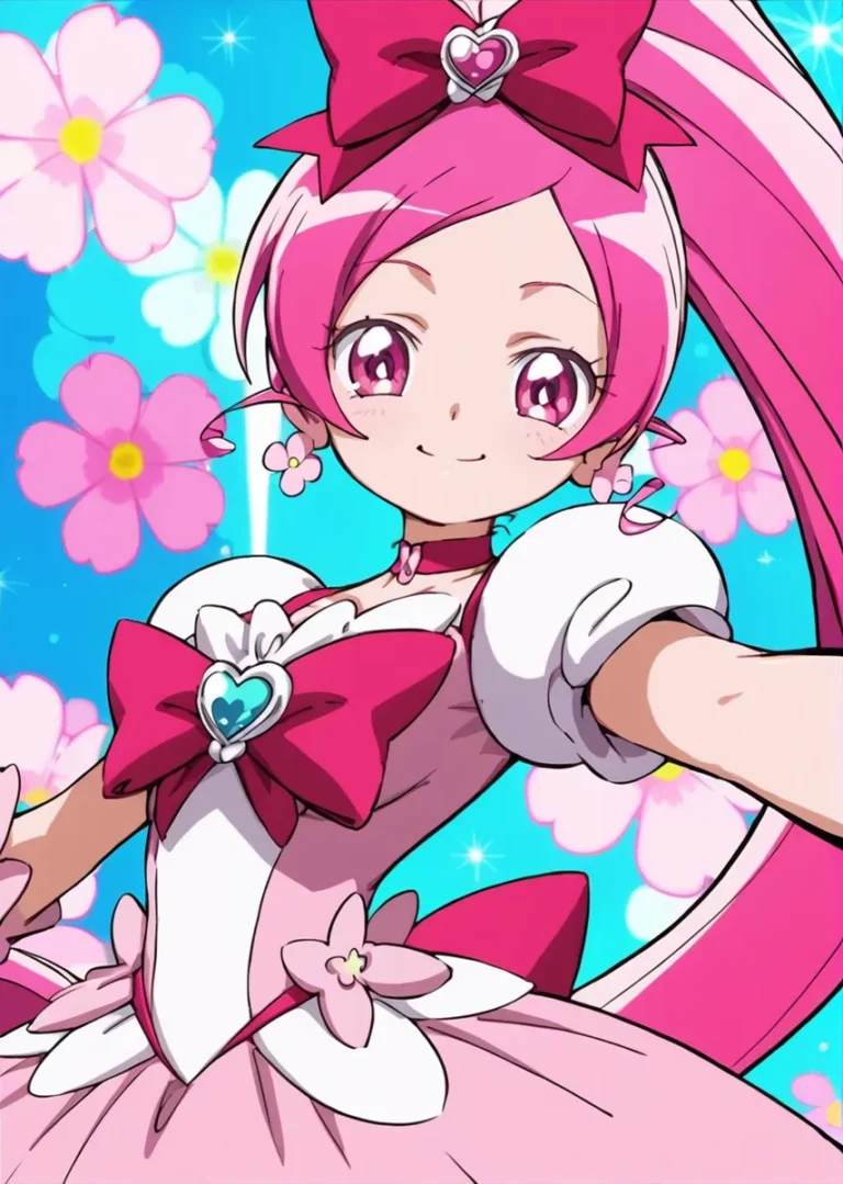 An AI-generated image of a smiling anime girl with pink hair, wearing a detailed pink and white magical girl outfit, adorned with bows and floral accents. The background is vivid blue with various pink cherry blossoms.