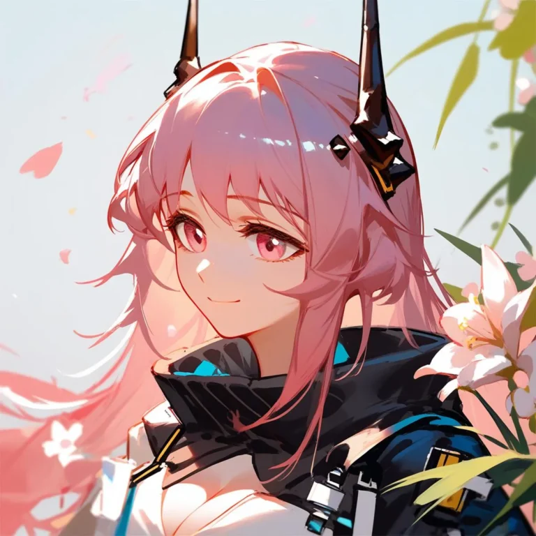 Anime-style girl with pink hair and black accessories smiling with flowers in the background, created using Stable Diffusion AI.