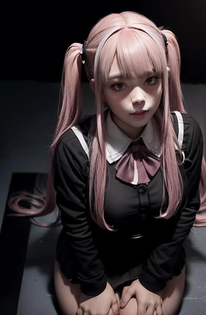 AI generated image of an anime girl with long pink hair styled in pigtails, wearing a black school uniform with a white collar and a pink bow.