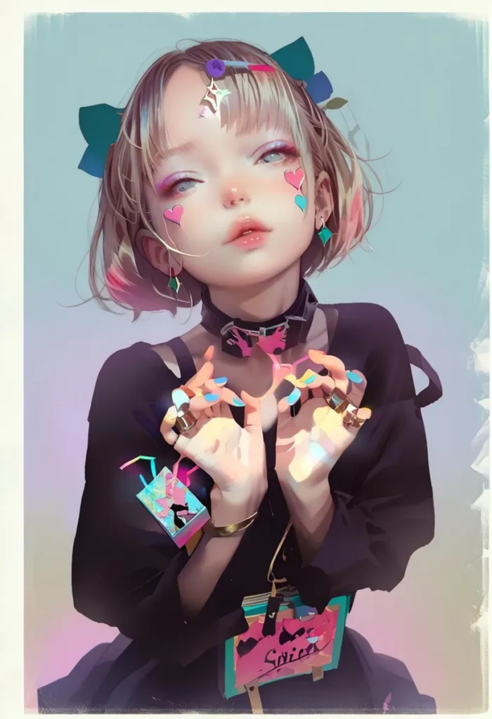 A colorful digital portrait of an anime girl with heart-shaped stickers on her face. AI generated image using Stable Diffusion.