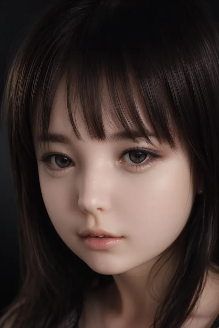 A digital portrait of an anime girl created using stable diffusion. The girl has a delicate face with expressive eyes, smooth skin, and straight dark hair with bangs.