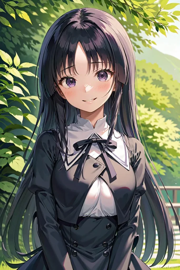 An AI-generated image of an elegant anime girl with long dark hair, dressed in a formal black and white outfit, standing outdoors with a background of green foliage and sunlight. Created using Stable Diffusion.