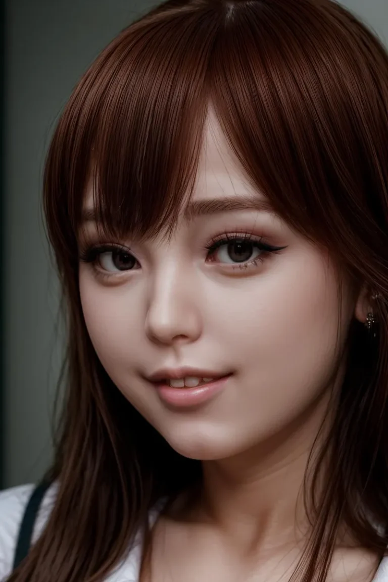 Close-up portrait of a realistic anime girl with big expressive eyes, soft skin, and smooth brown hair. AI generated image using Stable Diffusion.