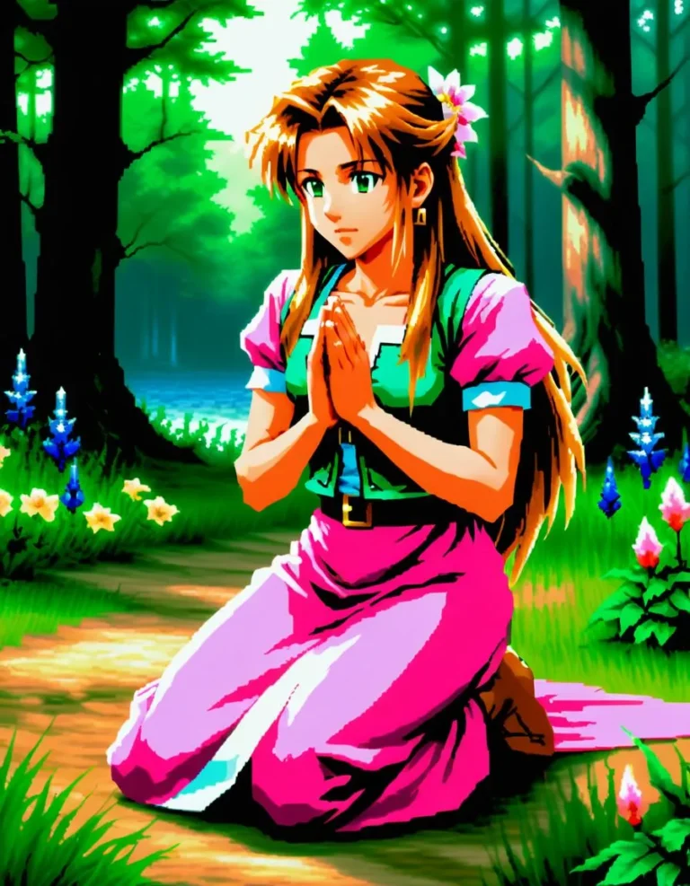 An anime girl with long brown hair and pink dress, praying on a forest path with vibrant flowers and trees, generated using Stable Diffusion.