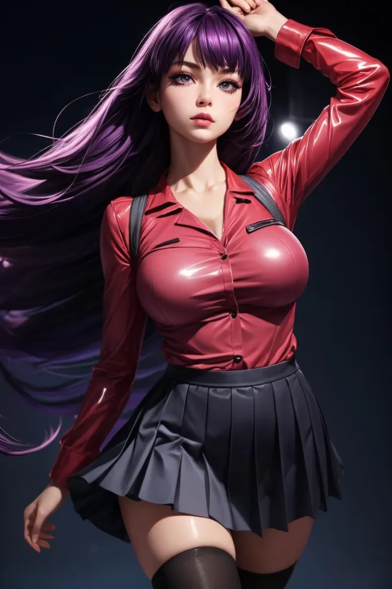 Anime girl with long purple hair wearing a red shiny blouse and a dark pleated skirt generated by AI using stable diffusion.