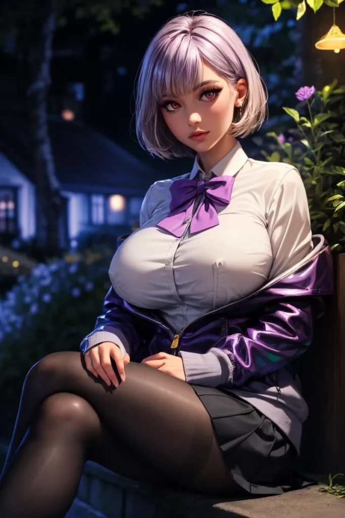 Anime girl with purple hair in a school uniform, created using stable diffusion. She has a short bob haircut, large expressive eyes, and is wearing a white blouse with a purple bow and a shiny purple jacket. She's sitting outdoors during the evening with blooming flowers and houses in the background.