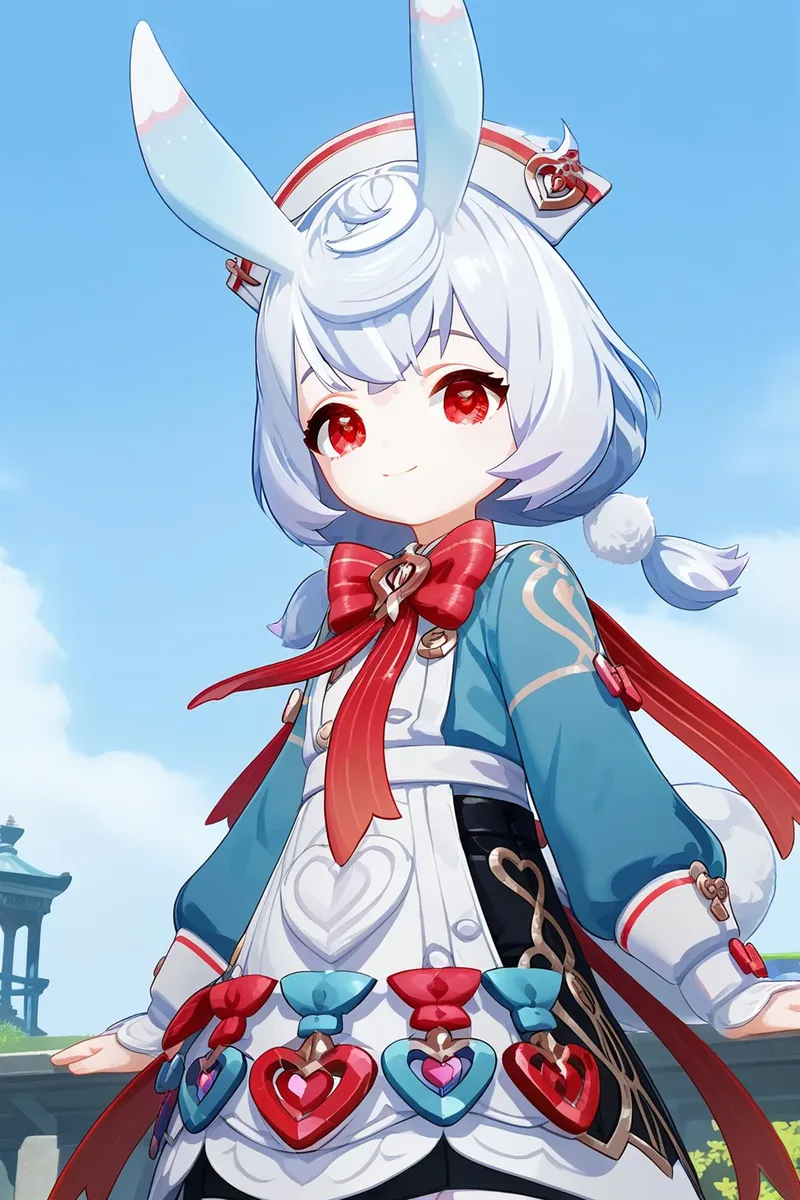 AI generated image of an anime-style girl with white hair in a rabbit costume, featuring bunny ears and vibrant red eyes, using Stable Diffusion.