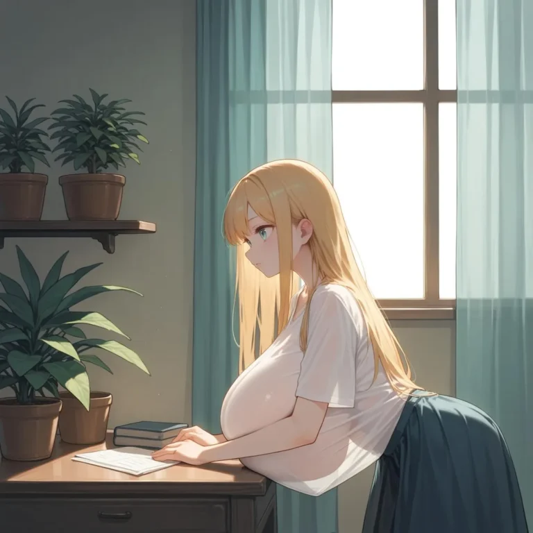 Anime style image generated with Stable Diffusion, featuring a blonde girl with long hair reading at a desk with plants and books.