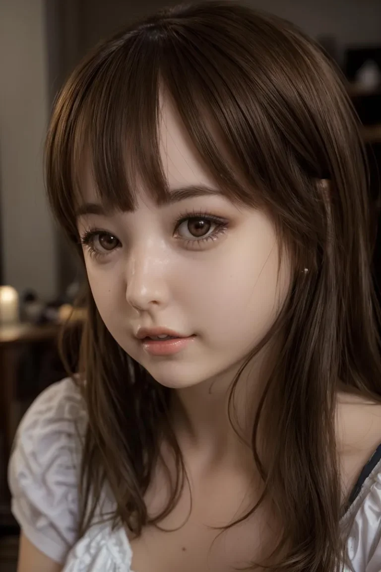 A realistic portrait of an anime girl with brown hair and large expressive eyes, created using stable diffusion AI.