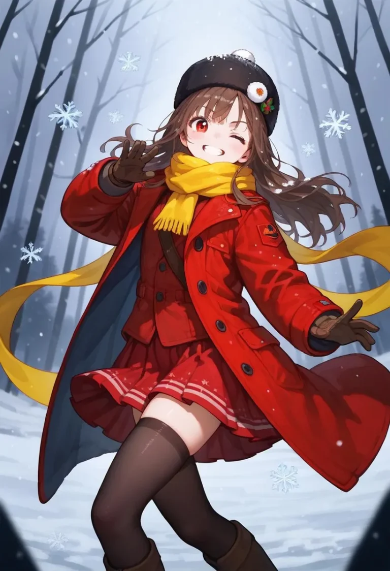 AI-generated image of an anime girl in a red coat, wearing a yellow scarf, in a snowy winter scene using Stable Diffusion.