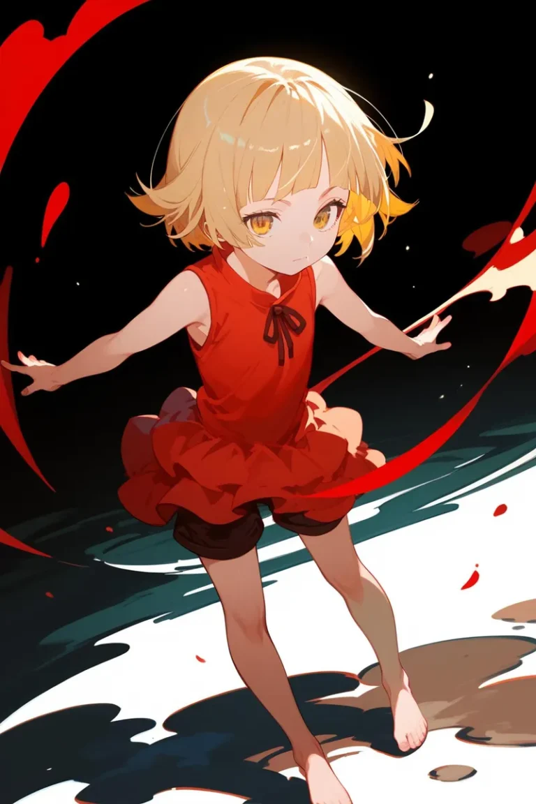 Anime-style image of a young girl with short blonde hair wearing a red dress, generated using Stable Diffusion AI.