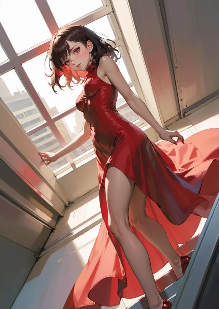 An anime girl with short black hair, wearing a shimmering, fitted red dress in front of a large window overlooking a modern cityscape. Stunning AI generated image using Stable Diffusion.