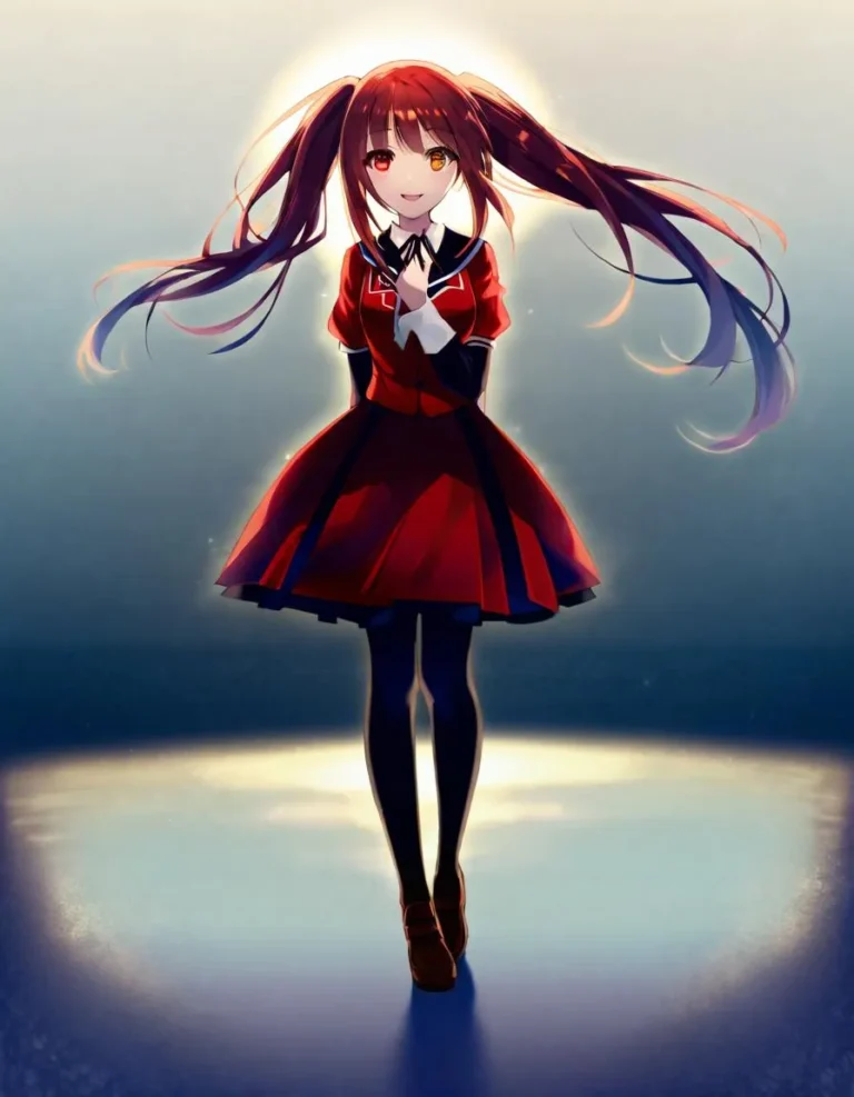 An anime girl in a red dress with long flowing hair, standing in a spotlight. AI generated image using Stable Diffusion.