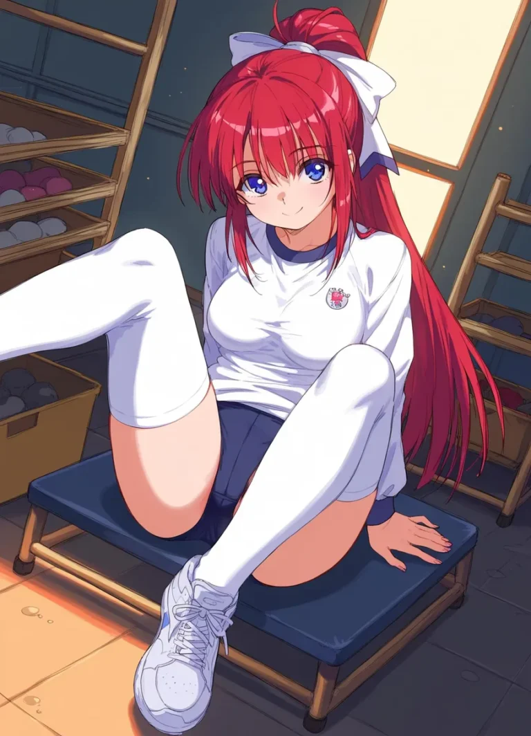 Anime girl with long red hair, blue eyes, wearing a white school uniform and thigh-high socks, sitting on a bench. AI generated using Stable Diffusion.