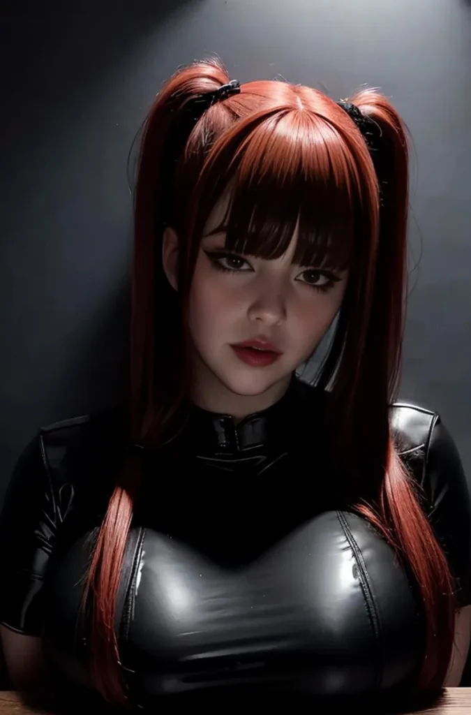 Anime-style girl with long red hair in dual ponytails, wearing a black leather outfit. AI generated using Stable Diffusion.
