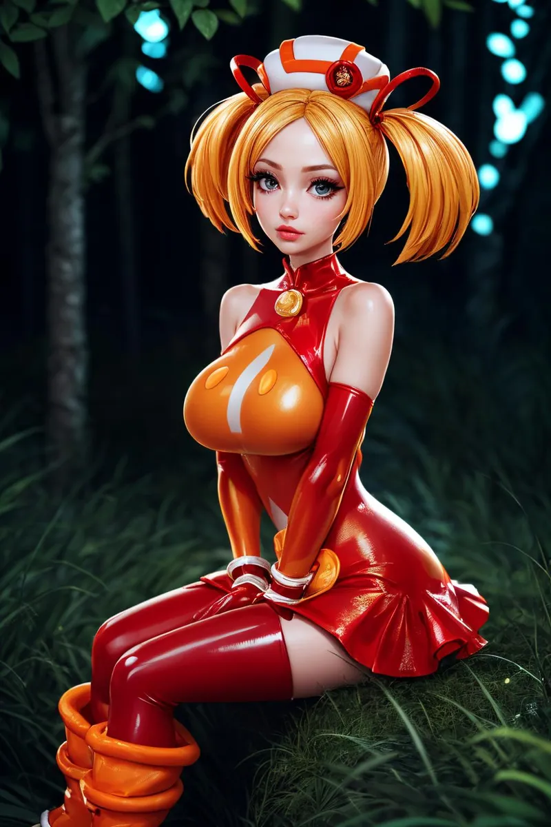 An AI generated image by Stable Diffusion of an anime-style girl with orange hair in pigtails, wearing a red futuristic nurse outfit and hat, sitting in a forest.
