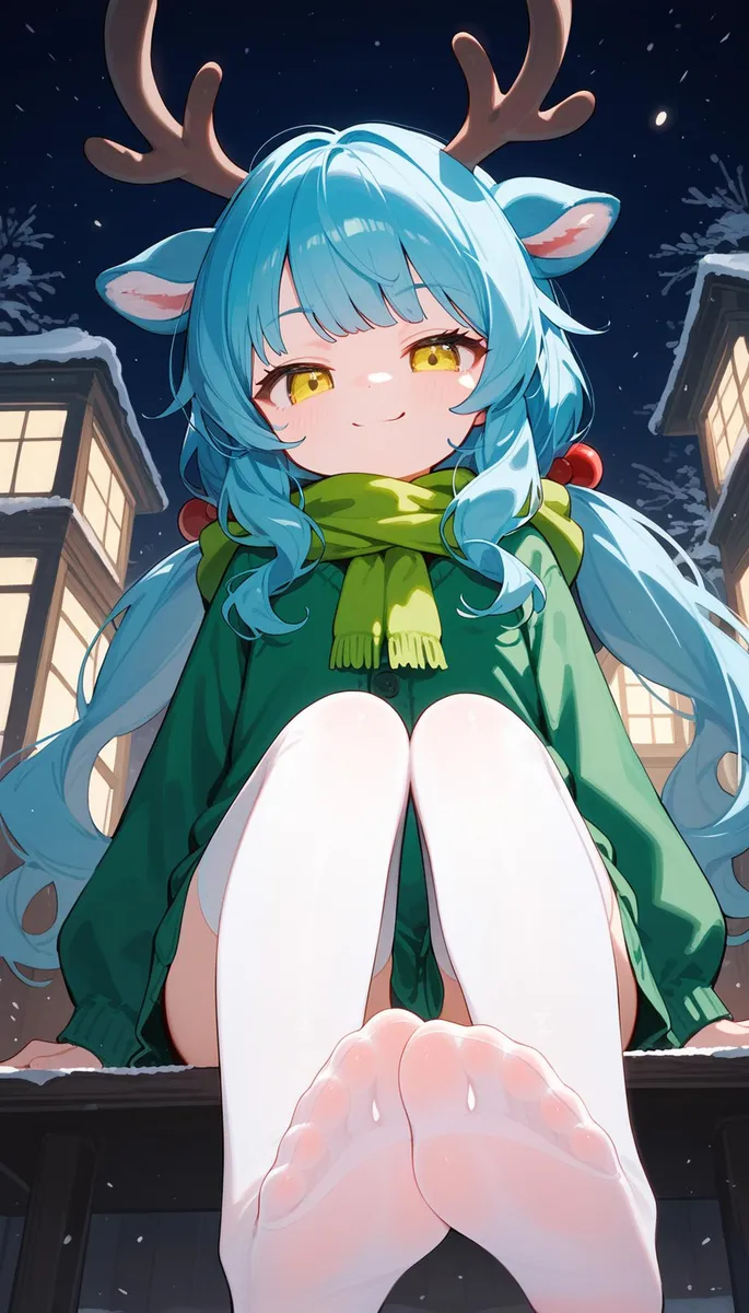 Anime girl with blue hair and yellow eyes wearing reindeer antlers, green scarf, and green outfit, sitting with bare legs and feet showing on a snowy night. AI generated image using stable diffusion.