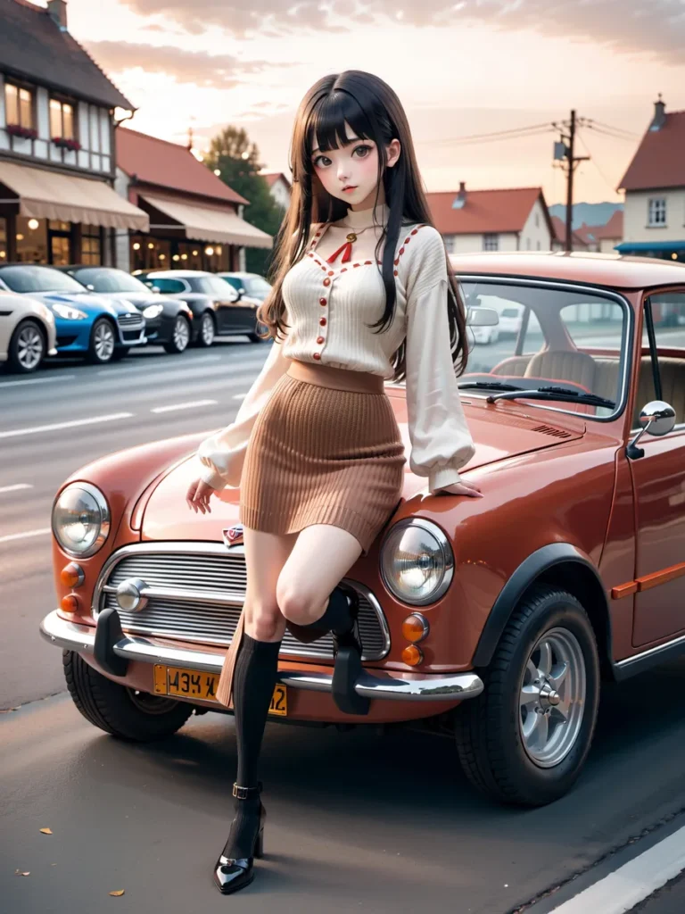 Anime girl with long dark hair leaning on a retro car, wearing a white blouse and a brown skirt in a quaint town street. AI generated image using Stable Diffusion.