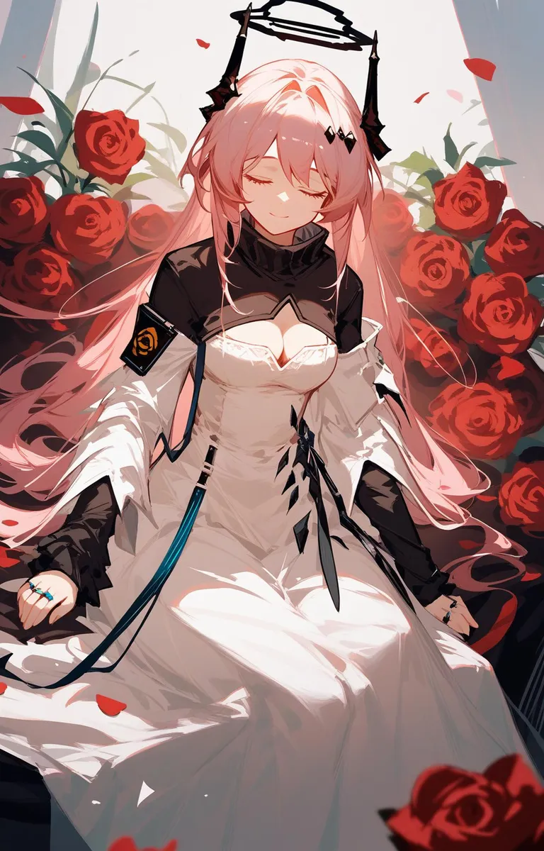 Anime girl in a white dress surrounded by roses sitting with a serene expression. AI generated image using Stable Diffusion.