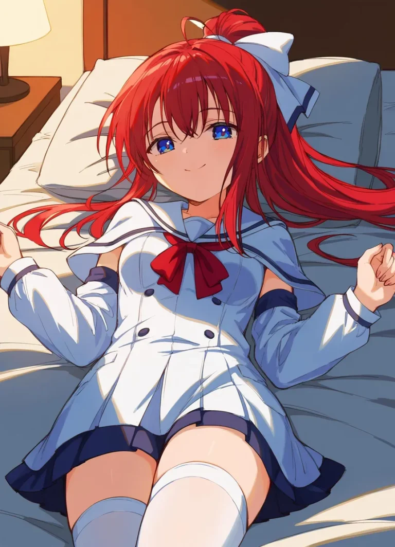 A beautiful anime girl with red hair lying on a bed wearing a school uniform, AI generated with Stable Diffusion.