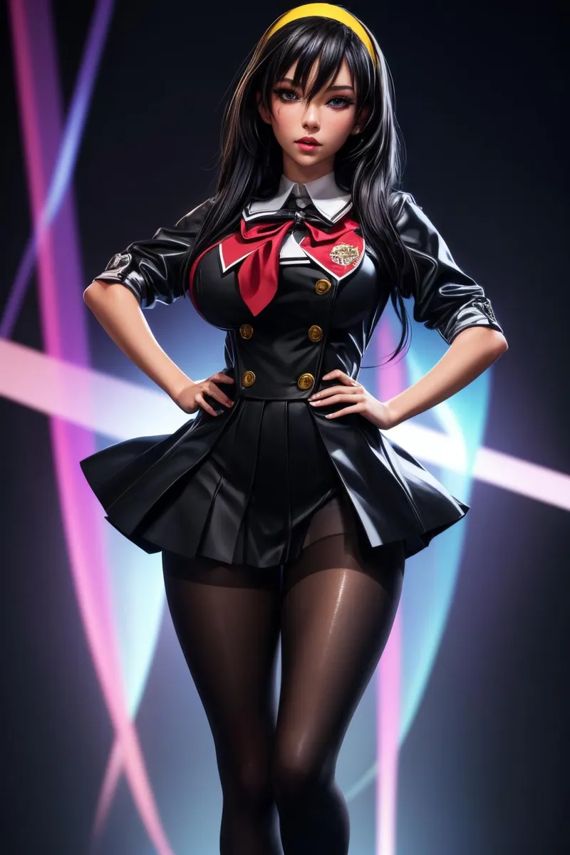 AI generated image using stable diffusion of an anime girl dressed in a stylish school uniform with black long sleeves, a red tie, buttons, and a short pleated skirt, posing with hands on hips, and wearing dark tights with a yellow headband. Neon lights in the background.