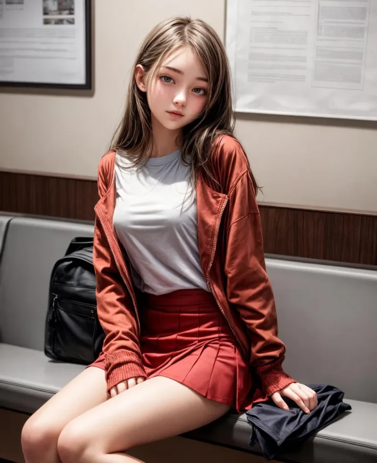 AI generated image using Stable Diffusion of an anime girl in a school uniform with a red jacket, sitting on a grey bench with a black backpack beside her in an indoor setting.