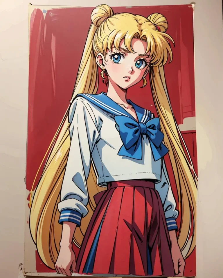 Anime girl with long blonde hair in a traditional Japanese school uniform with a blue bow
